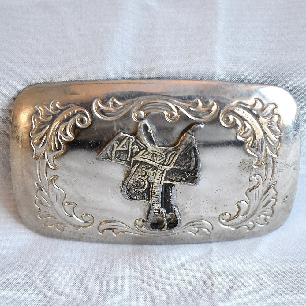 Vintage Belt Buckle‎ Horse Saddle Filigree Stamped Engraved Etched Western USA